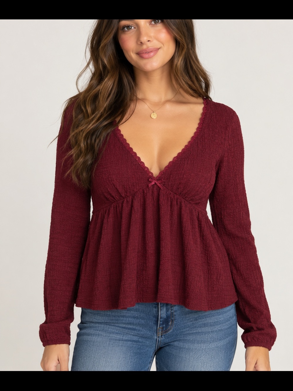 Justify NWT Burgundy Textured Peplum Babydoll V-Neck Top Size L